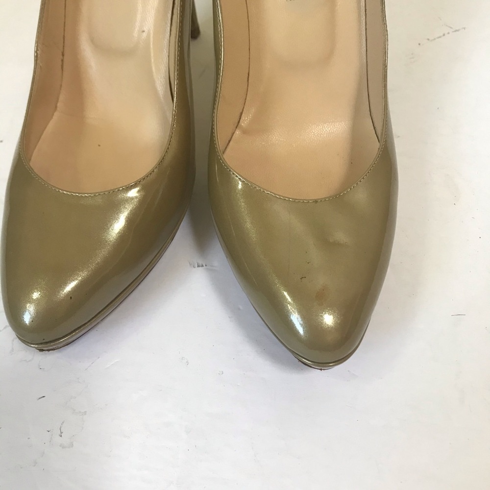 Jimmy Choo Patent Beige Platform Heels Pumps Shoes Almond Toe Wedge Heel Sexy - Picture 9 of 16
